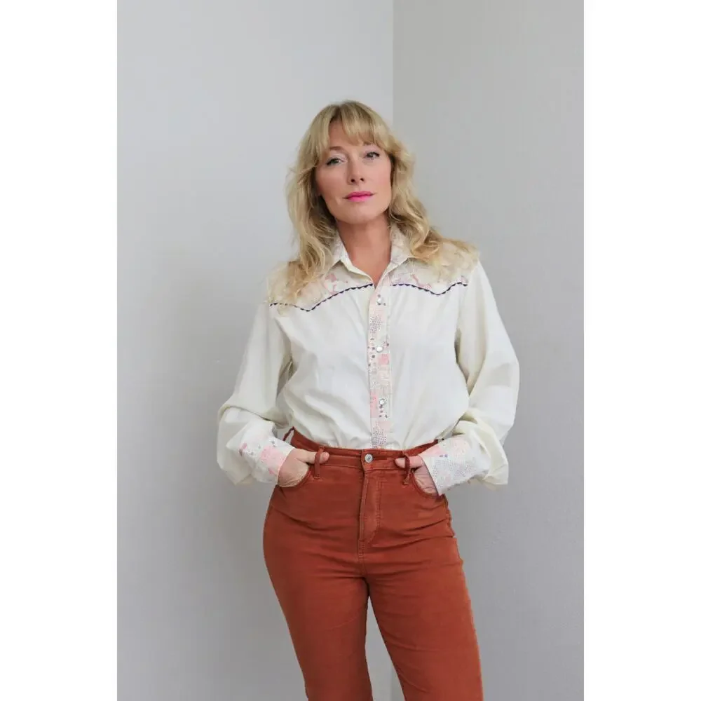 1970's Vintage Western Cottage Cream Pearl Snap Shirt Women's MD LG Men's SM MD